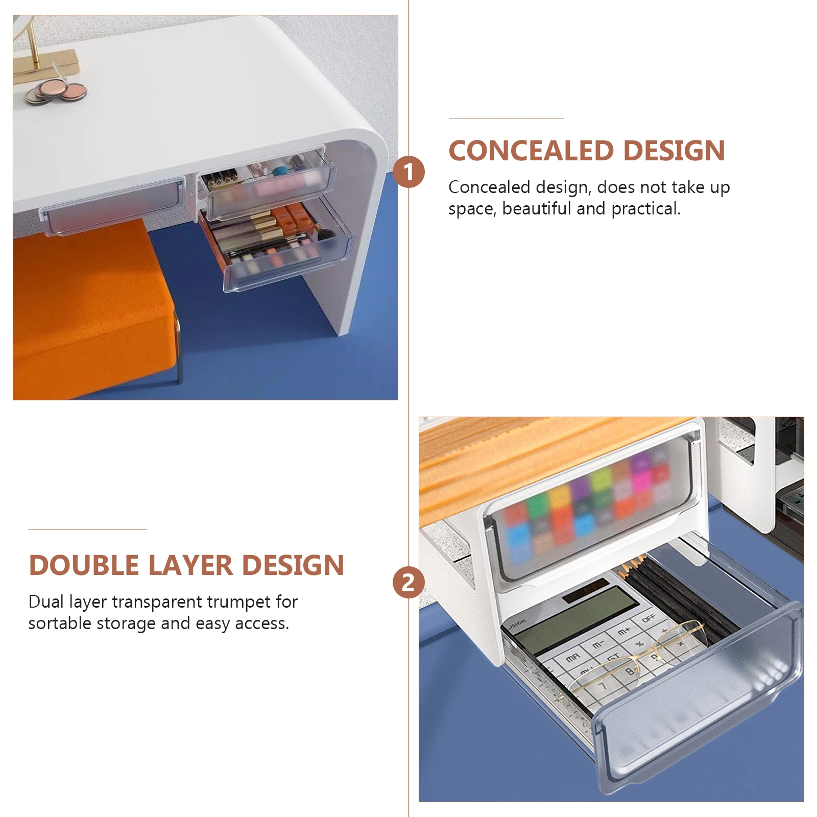 

Sturdy Under Desk Drawer Hidden Storage Box for Cosmetics Tools Stationery Space Saving ABS PP Material Self-Adhesive Dust Proof