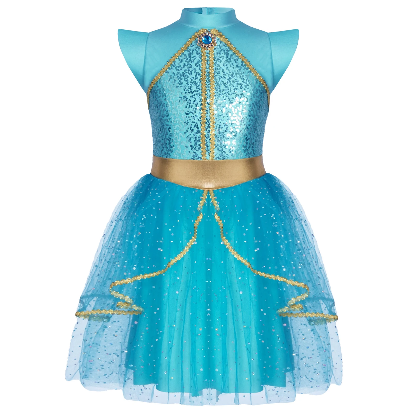

Halloween Arabian Princess Elf Cosplay Costumes Fancy Tulle Golden Woven Tape Sequins Dress for Carnival Party Uniform
