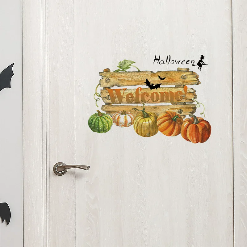 Rustic Vintage Halloween Door Sticker, Worn Wooden Board Texture Decal, Pumpkin Witch Bat Festive Home Door Wall Decorations