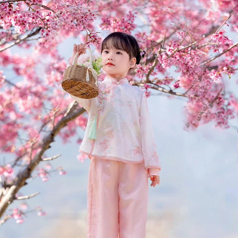 Chinese Style Hanfu Girls\' Party Dresses Spring Clothes Cloud Shoulder Jacket Dress Ancient Costume for Little Girls