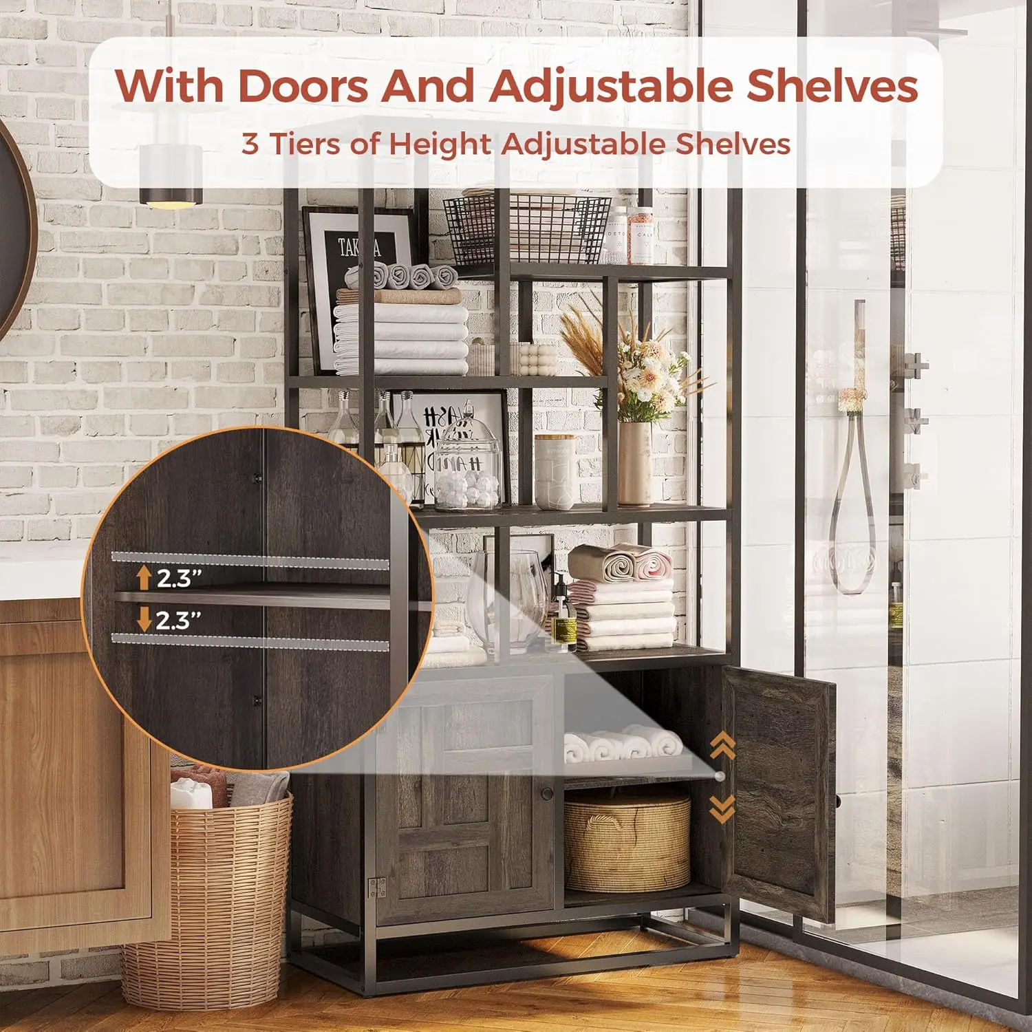 أرفف كتب وخزائن كتب من IRONCK، رف كتب عريض 35.4 بوصة مع أبواب، رف كتب طويل 6 طبقات هندسي مع خزانة تخزين #4