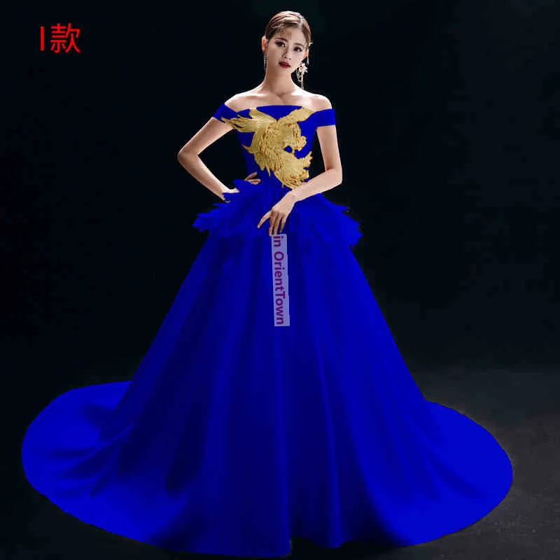 Chinese Style Blue Host Dress for Women Gorgeous Stage Performance Cheongsam in OrientTown Fashion Show Spring Autumn Long Dress