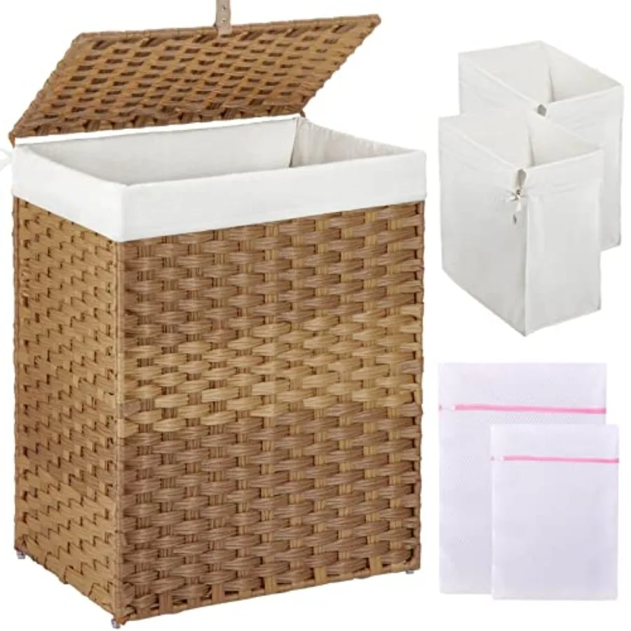 

Корзина для белья с крышкой 90 л, с 2 съемными внутренними мешками и 2 сетчатыми мешками для стирки, ручное плетение из синтетического ротанга
