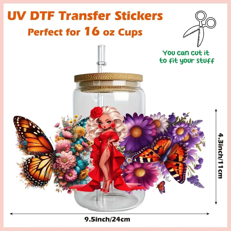Cute Butterfly Girl Series Pattern UV DTF Sticker Waterproof Transfers Decals For 16oz Glass Cup Wrap Black Power 3D Stickers