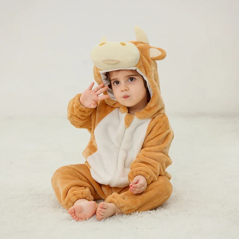 Cartoon Yellow Calf Romper Baby Halloween Costume Plush Hooded Jumpsuit Winter Warm Thickened Zipper Toddler Party Outfit