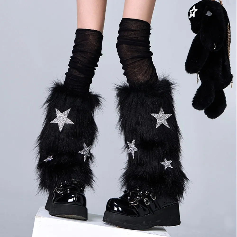 Harajuku Punk Y2k Girls Furry Fur Plush Winter Leg Warmers Socks Japanese Lolita Kawaii Fluffy Fleece Star Bone Boot Leg Cover