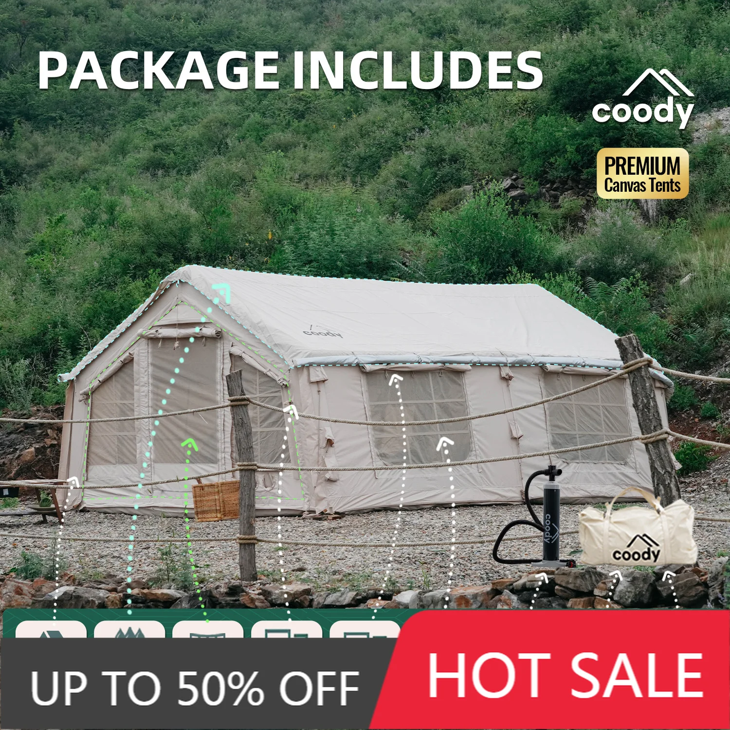 Coody Familia 17.2 Air Tent Beige 4 Season Spacious Inflatable Shelter for 5-8 People Outdoor Family Camping