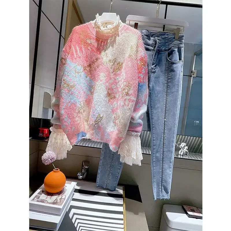 Rainbow Women's Sweater: Fashionable Korean Pullover for Women / Spring and Autumn Pink Knitwear Top Outfit Sweet Sweater Lady