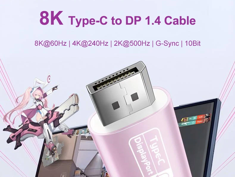 8K 60Hz USB-C zu DisplayPort Kabel, Thunderbolt 3/4 Typ-C zu DP Adapter 4K 240Hz für Valve Index HP Reverb G2 VR-Headset Laptop – Detail 1