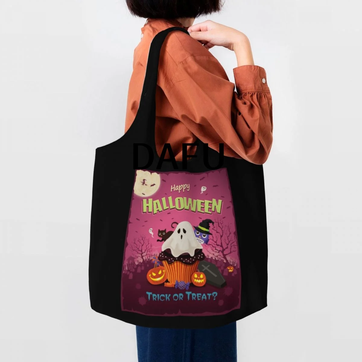 Happy Halloween Funny Halloween Print Cotton Tote Bag - Casual Commuter Shoulder Bag for Work Grocery Shopping Trick or Treat