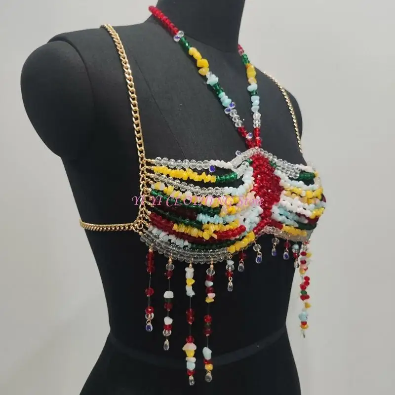 

N5KF Exotic Colorful Beads Tassels Bra Body Chain for Beach and Music Festival