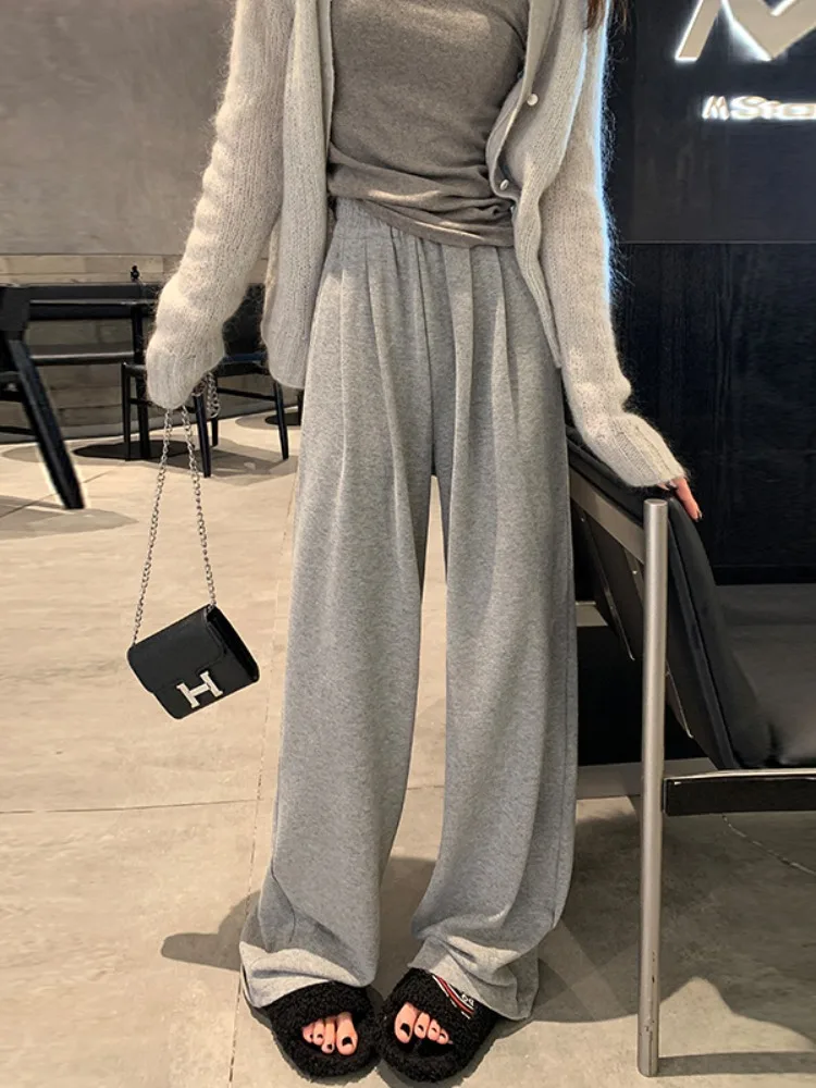 กางเกงขายาวเอวสูงทรงหลวมสำหรับผู้หญิง สไตล์ลำลอง ผ้าพลิ้ว ใส่สบาย เหมาะสำหรับฤดูใบไม้ร่วงและฤดูหนาว รุ่นใหม่ ช่วยให้ดูสูงขึ้น