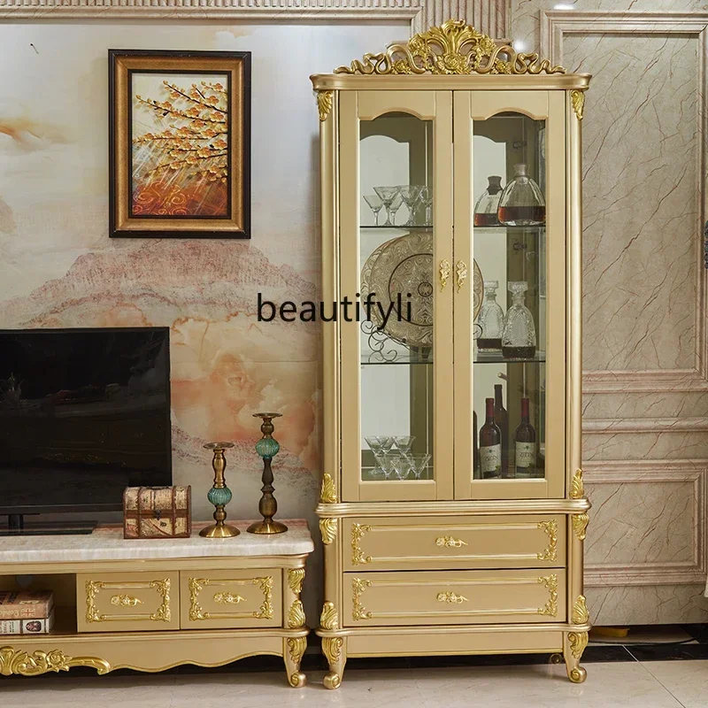 

xzEuropean solid wood living room against the wall wine cabinet villa high cabinet gold single and double door glass