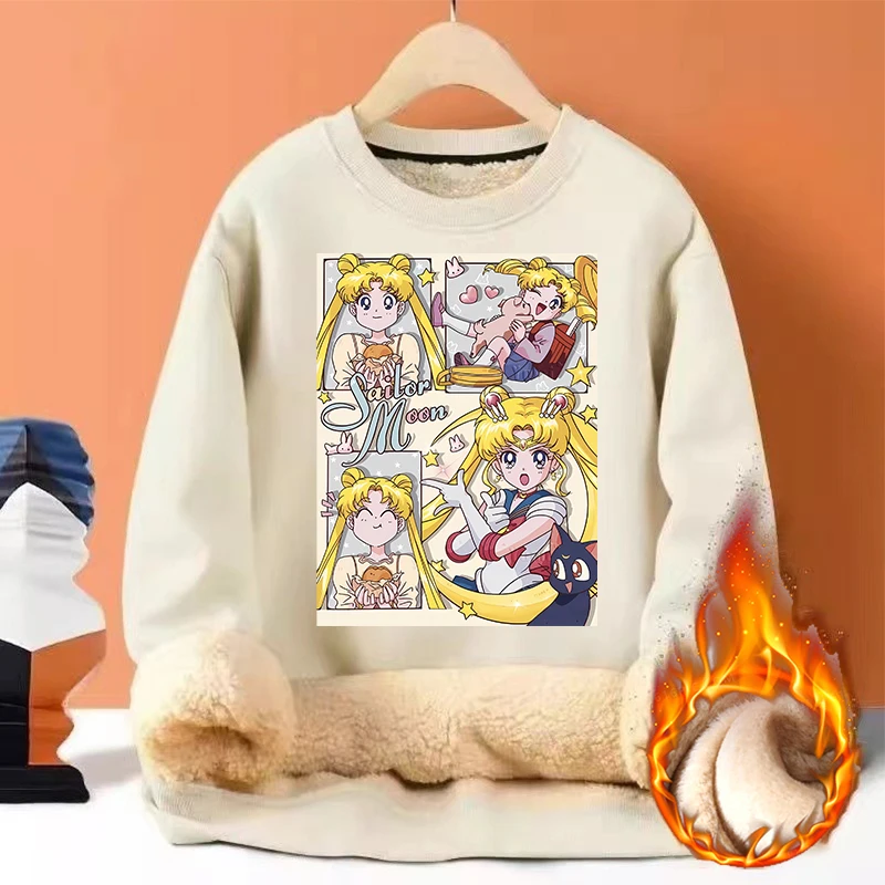 

Толстовка женская Sailor Moon из овечьей шерсти, с круглым вырезом, с капюшоном, милая, с длинными рукавами, модная спортивная одежда, теплая зимняя, с мультяшным принтом