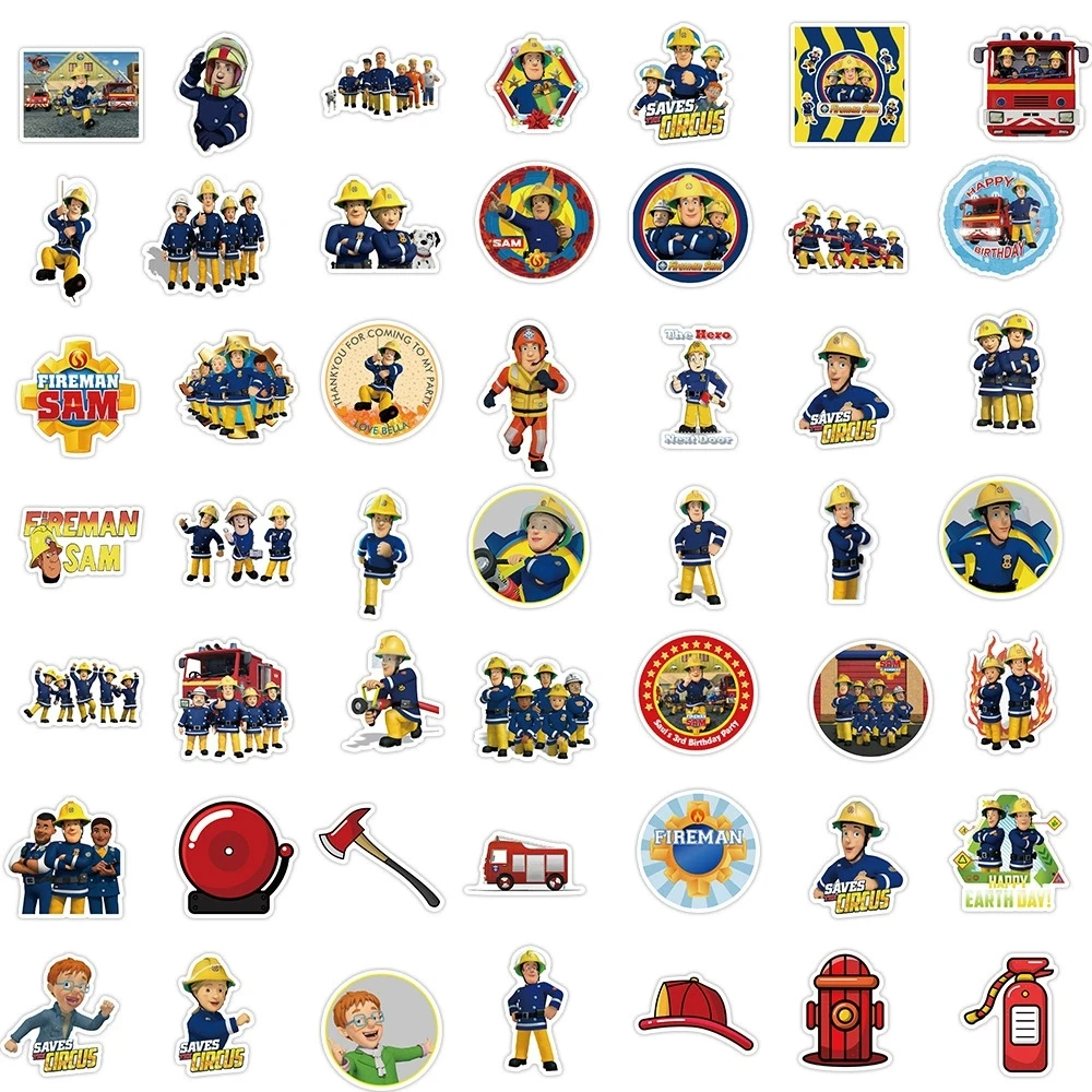 50Pcs Cartoon Fireman Sam Stickers for Kids Child Education Rooms Home Decor Diary Notebook Label Toy Truck Fireman Sticker