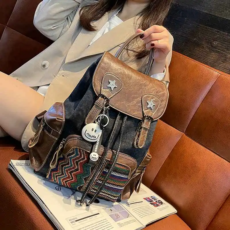 trendy-embroidered-contrast-color-casual-backpack-large-capacity-drawstring-travel-bag-leather-denim-fabric-shoulder-bag