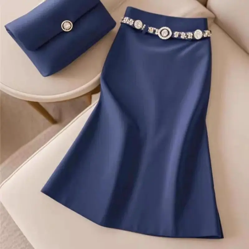 

New Elegant Party Skirt Women Fashion Chain High Waist A-Line Solid Color Versatile Office Lady Midi Skirts Solid Color Jupe