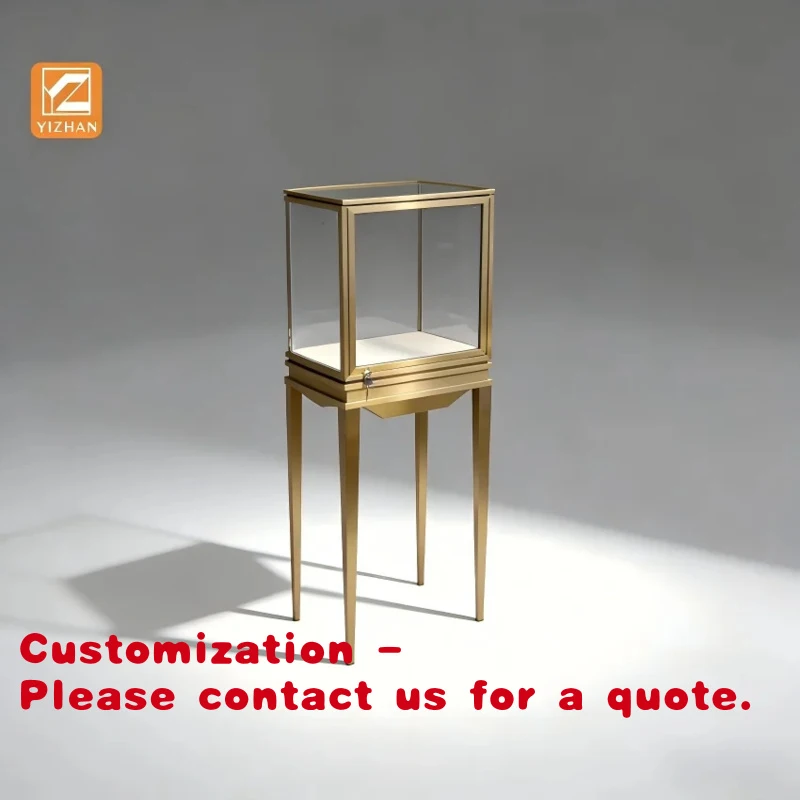 

custom.Vertical Jewelry Showcase LED Light Display High Transparent Glass Cabinet Gold Frame Cubical Design Showca