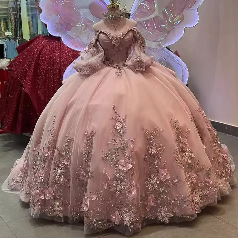 ชุดเดรสงาน Quinceanera แบบพองฟู ทรงบอลกาวน์ แขนยาว ประดับดอกไม้และลูกปัด ชุดเดรสฉลองอายุ 16 ปี 15 ปี สไตล์เม็กซิกัน แบบสั่งตัด