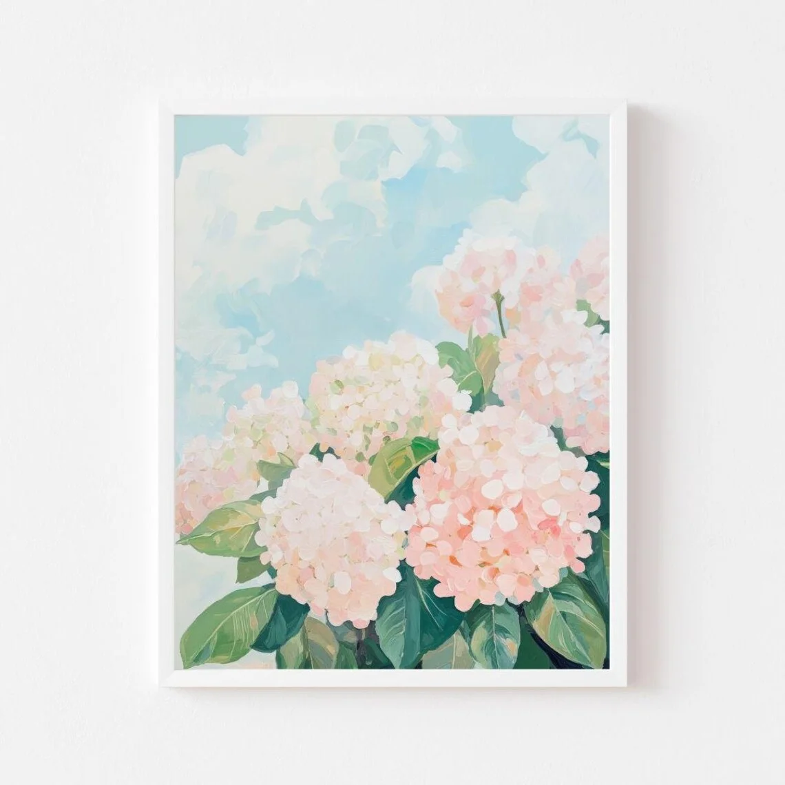 Dreamy Hydrangea Floral Wall Art - Textured Impasto Print of Delicate Blossoms, Blending Soft Pastel Hues with Airy Cloudy Skies