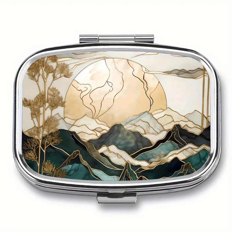 Decorative Abstract Xiangshan Sunset Pill Storage Box with 2 Compartments - Portable Metal Medicine Box, Vitamin Storage Box