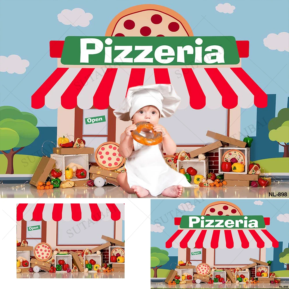 

Pizzeria Photography Backdrops The Blue Sky and White Clouds Photo Shootings Backgrounds for Baby Birthday Party Photo Studio