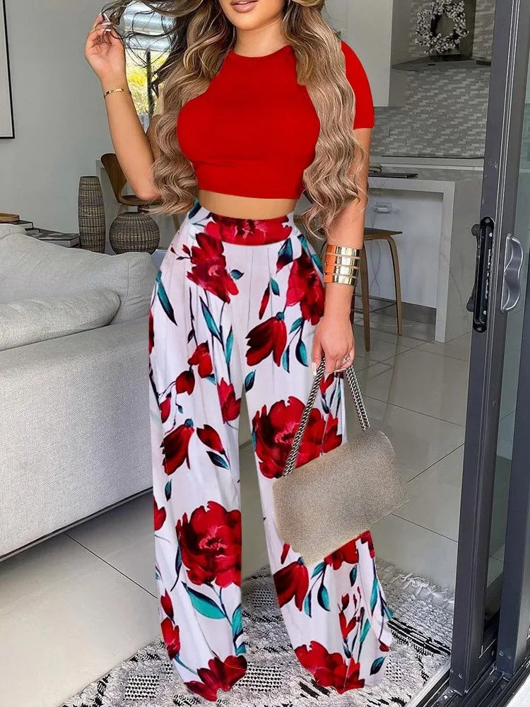 New Women\'s Sexy Ultra Short Top Set Summer Fashion Printed Corset Waist Long Pants Slim Elegant Female Casual Pants 2 Piece Set