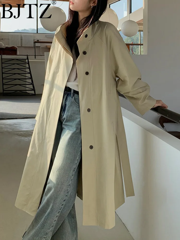 

BJTZ Standing Collar Silhouette Loose And Elongated Trench Coat For Women 2024 Autumn New Casual Office Lady Female Clothing