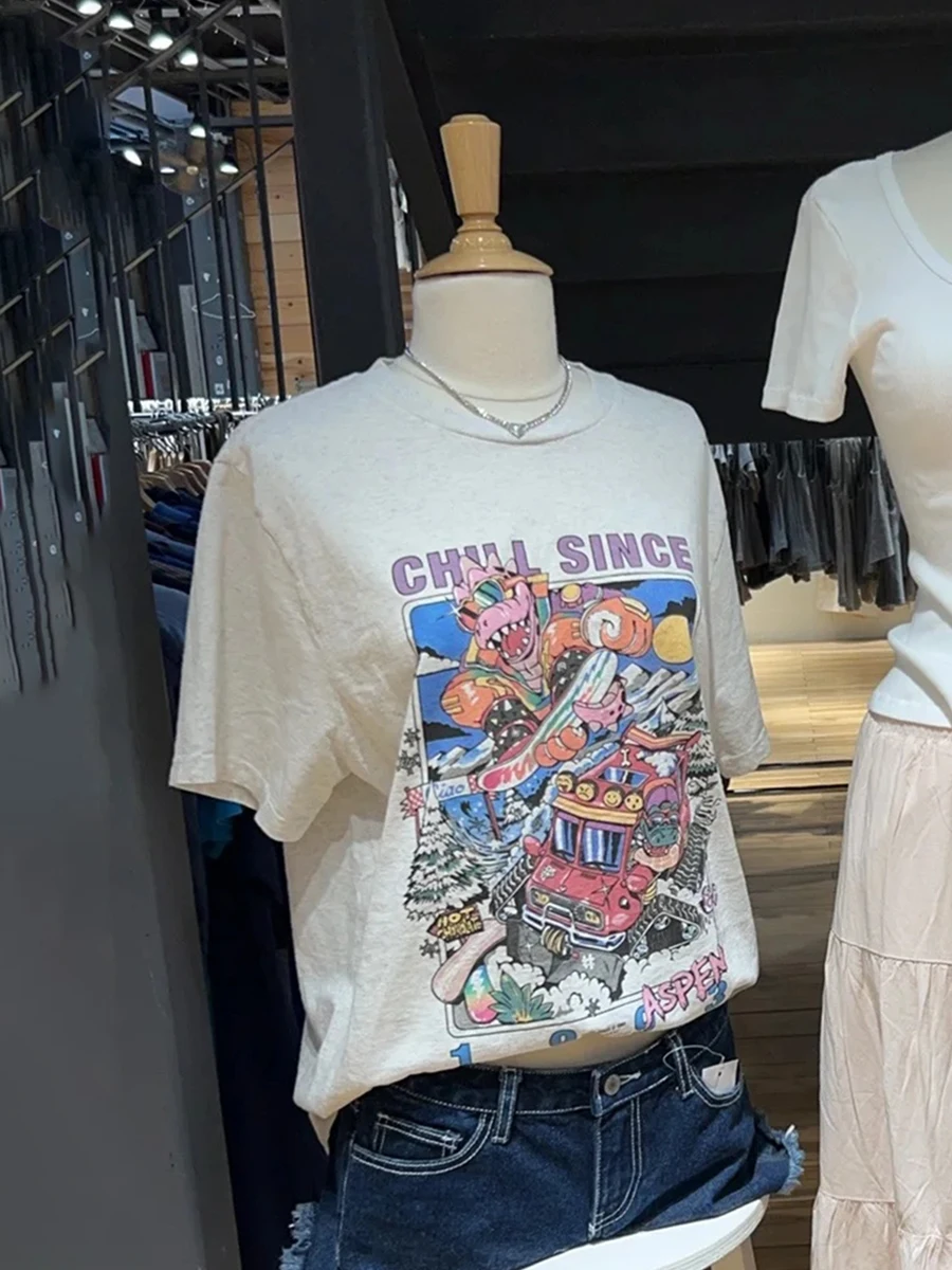 

Dinosaur Cartoon Print Oversized T-shirt Women Summer O-neck Short Sleeve Casual Tshirt Vintage Streetwear Cotton Loose Y2k Tops