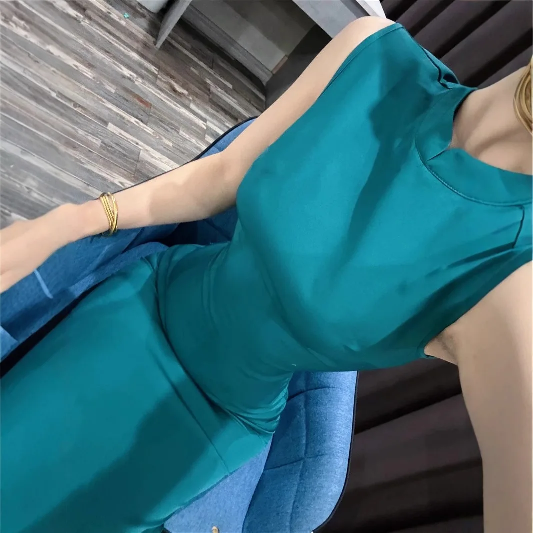 

8060 Purple Cheongsam Summer New Chinese Style Half High Collar Pearl Necklace Design Sleeveless Slit Long Dress For Women