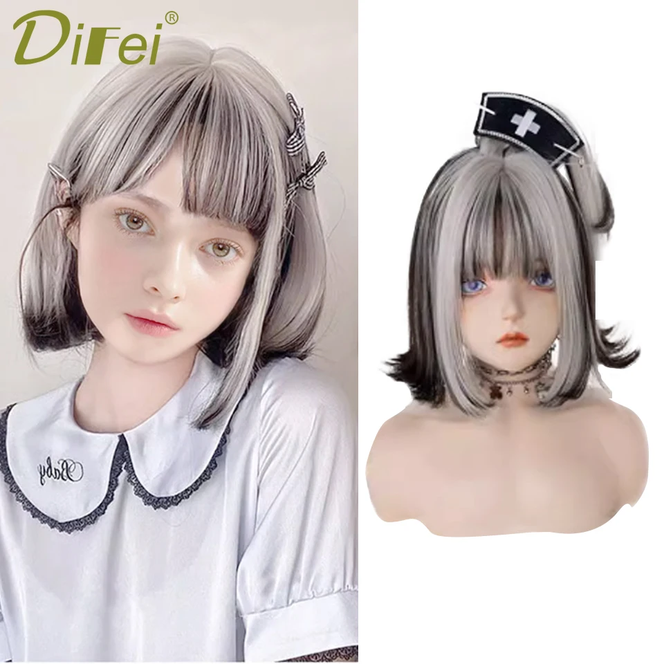 

DIFEI Synthetic Wig Headgear Female Cos Lolita Cosplay Wig Natural Chemical Fiber Short Black Grey Bangs Synthetic Wig