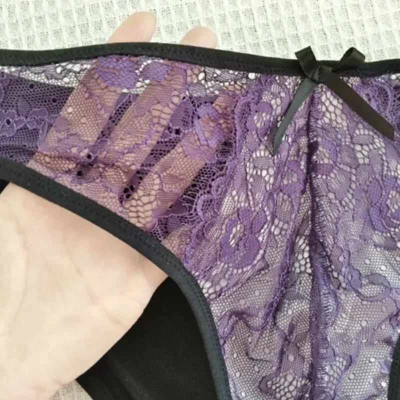 Purple Lace Satin Patchwork Man's Underwear Cotton Crotch Panty Bow Sweet Panties Sexy Lingerie