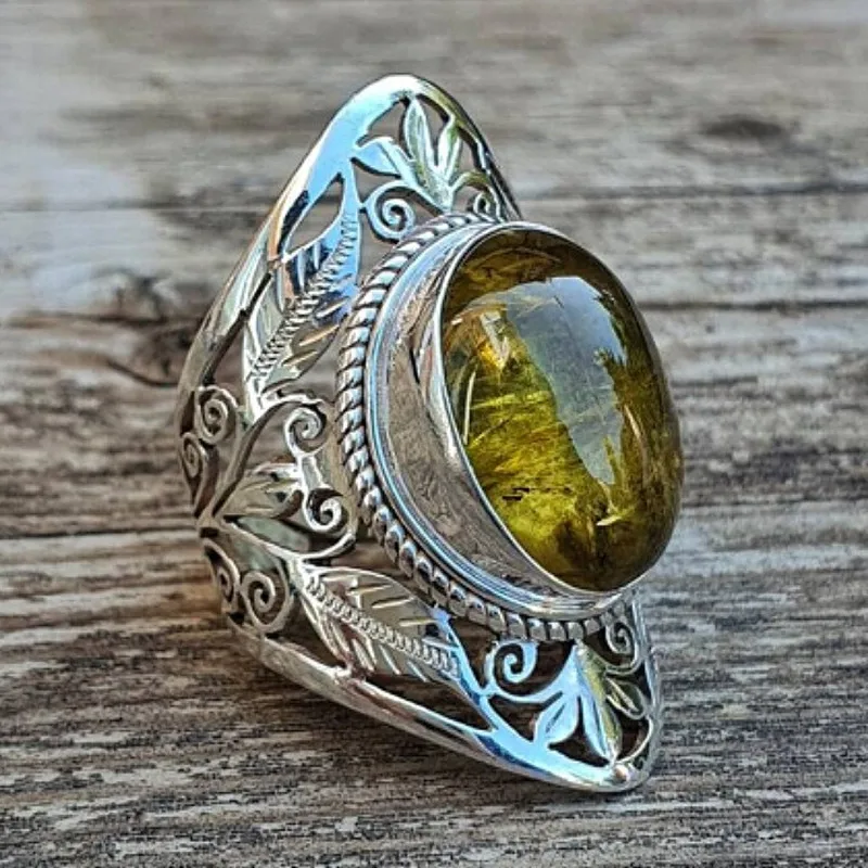 Men's Classic Olive Green Gemstone Ring Vintage Artistic Engraved Openwork Silver Finger Band, Unique Party Accessories Gifts