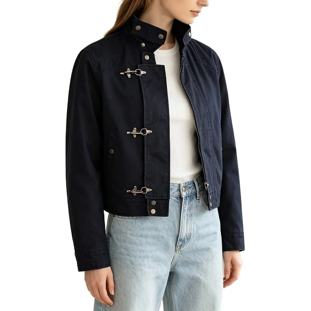 Solid Color Women\'s Short Jacket Stand-Up Collar Metal Snap Closure Regular Length for Summer Beach and Cycling Wear
