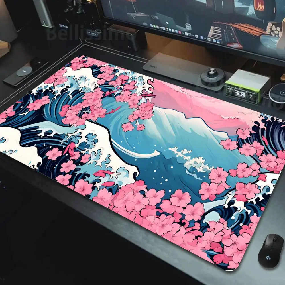 

Japanese Pastel Pink Style Great Wave Cherry Blossom Mouse Pad Gaming HD Home Mousepad rubber Non-Slip Gamer large size Desk Mat