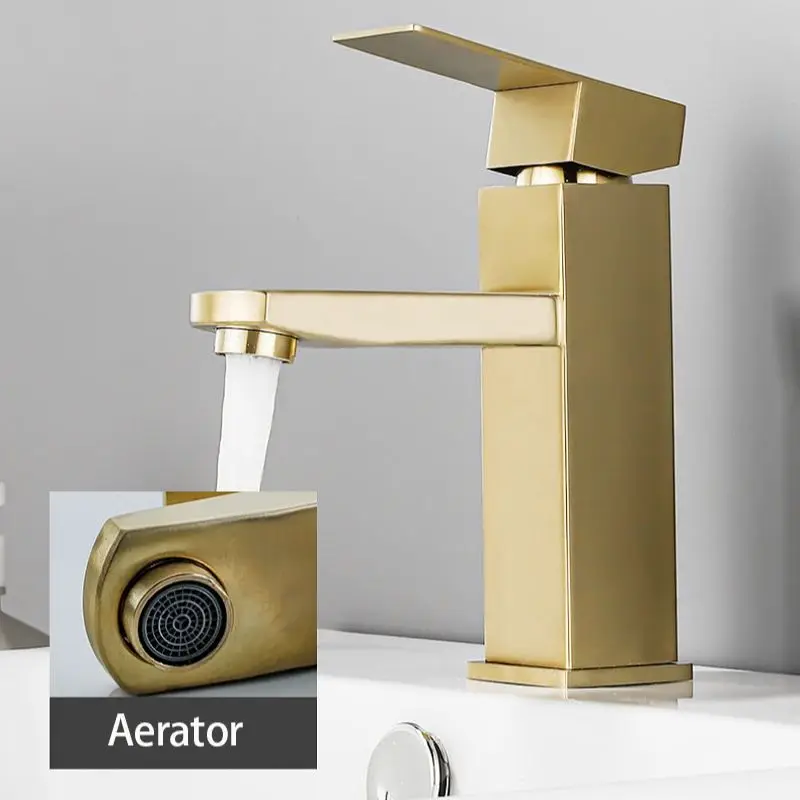 

Brushed Gold Basin Faucet Single Lever Square Hot And Cold Water Mixer Tap Deck Mounted Bathroom Vessel Vanity Sink Tap One Hole