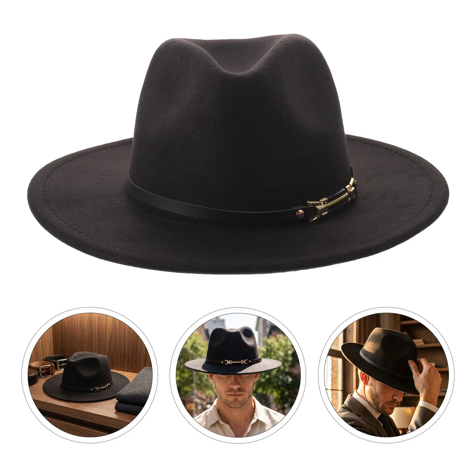 Black Wide Brim Fedora Hat Vintage Jazz Cap Flat Brim Stable Structure for Men Women Stage Formal Events 56-58Cm