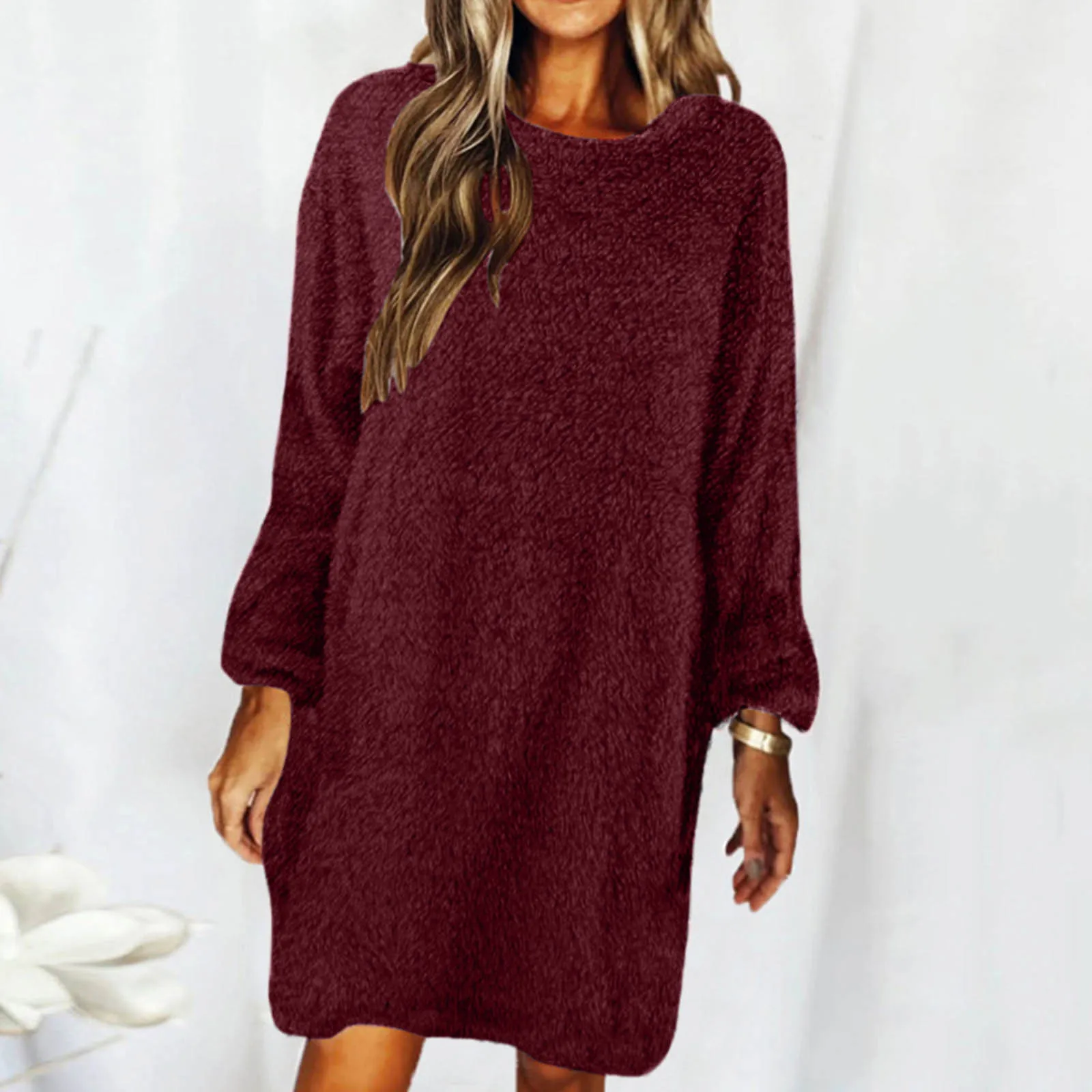 Vestido de manga larga con cuello redondo para mujer, Jersey suelto de felpa, largo medio, vestido térmico informal, Color sólido, otoño e invierno, nuevo