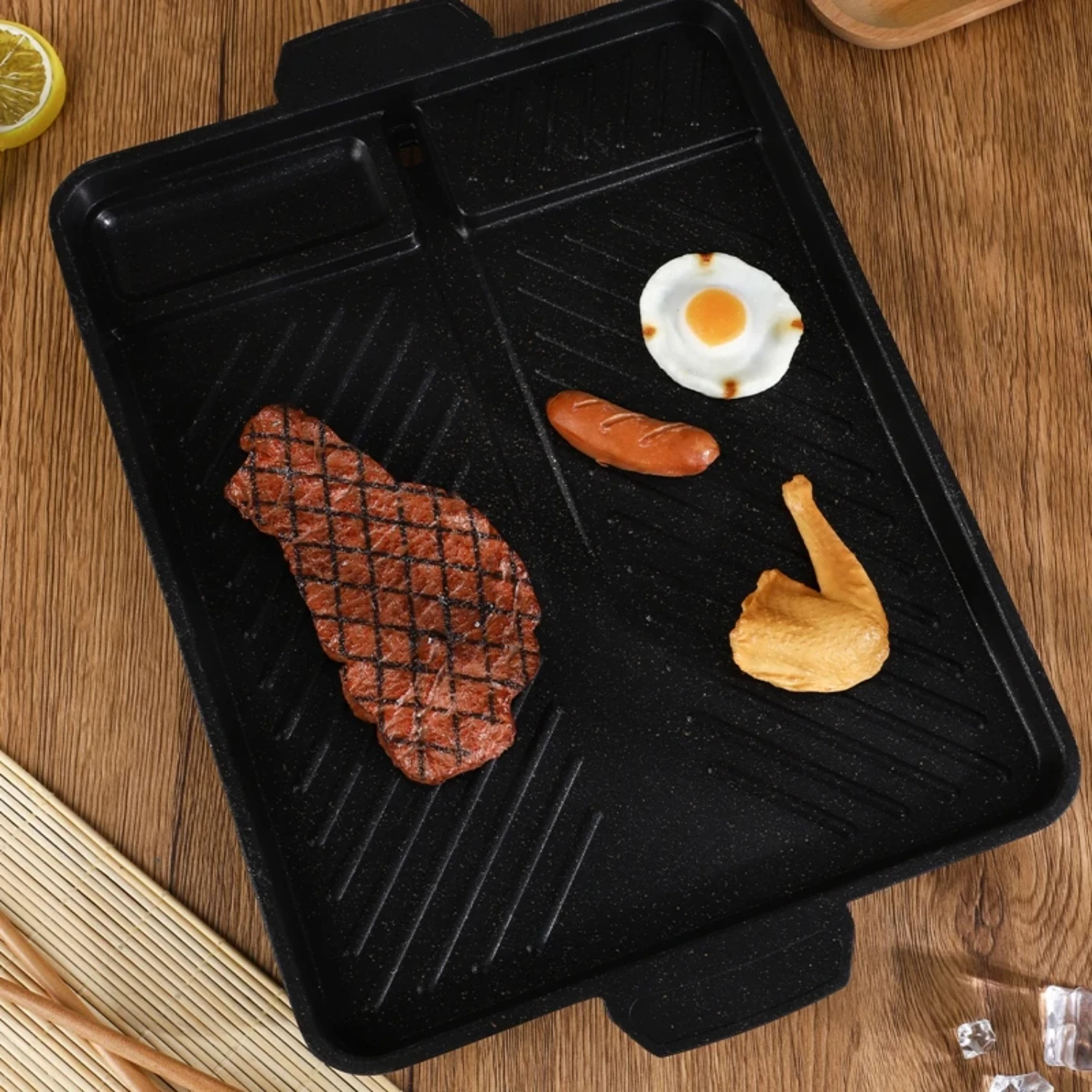 Portable Korean-style Nonstick Smokeless Rectangular Grill Pan Baking Tray for Indoor and Outdoor BBQ, Hot Plate Included