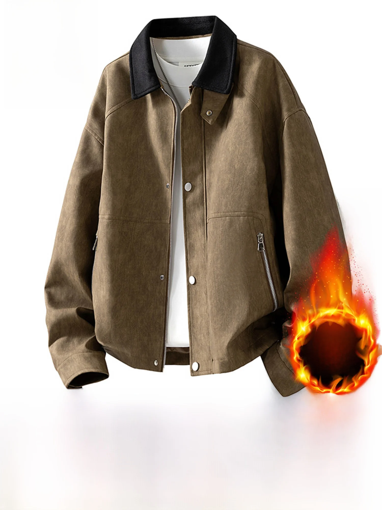 

Warm Fce Lined Thiened Retro Collar Leather Jaet for Men Jeanswest Winter Outerwear Youth Casual Long Sve Zipper