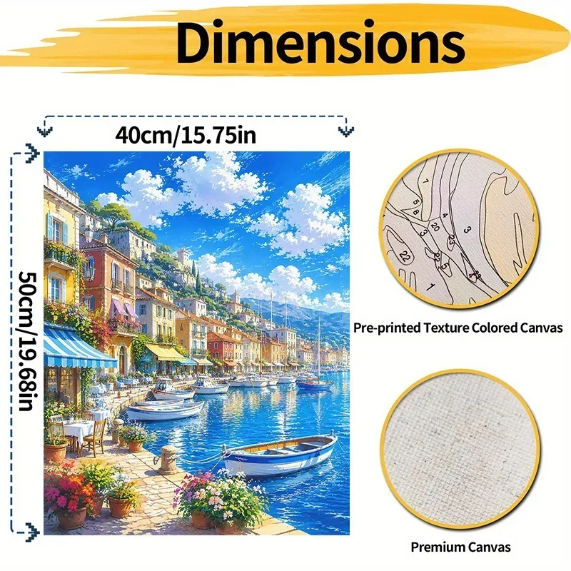 Professional Art Use, 1 Set of Professional Art-grade Adult DIY Paint-by-numbers Kit, Mediterranean-style Seaside Town Landscape