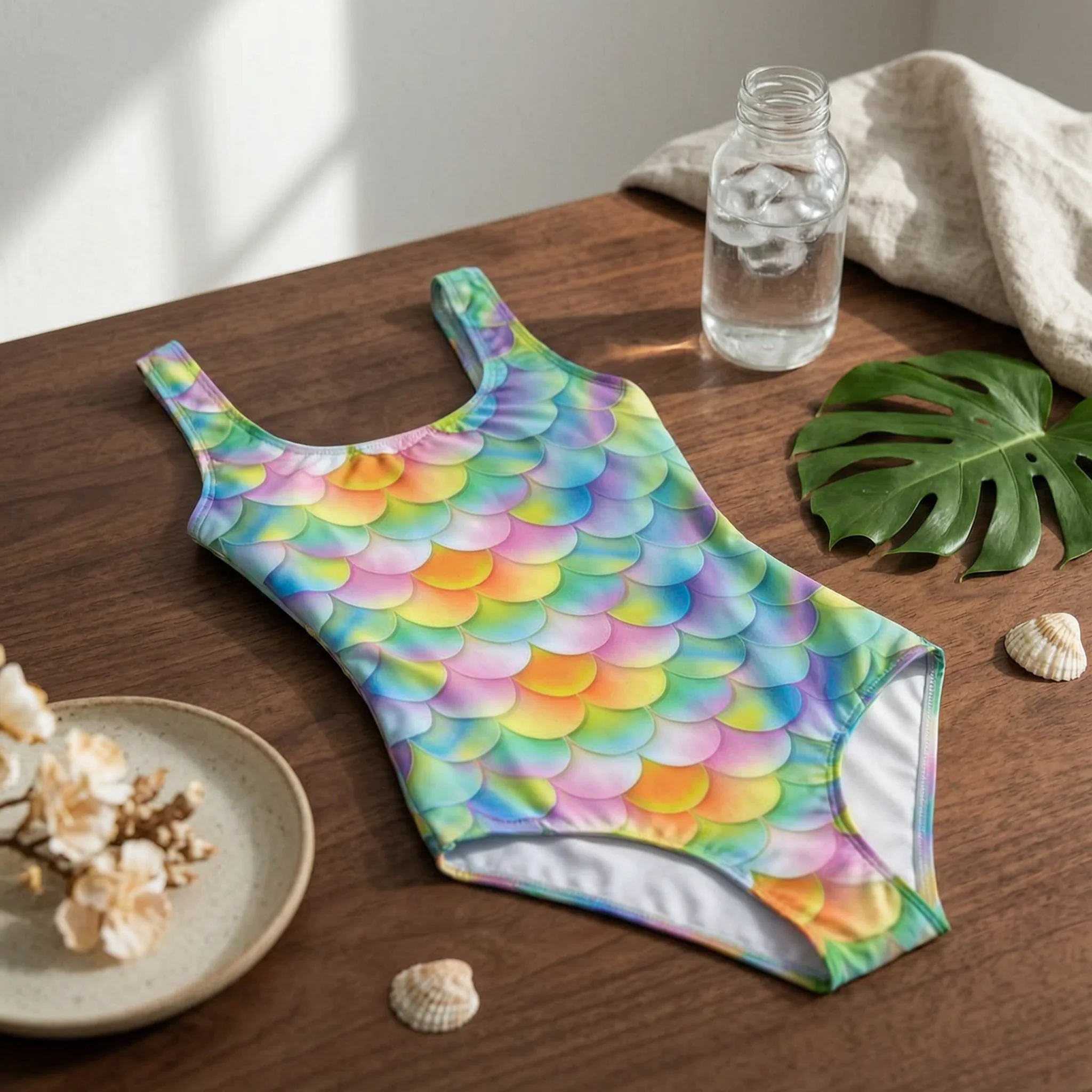 Rainbow Single-Piece Swimsuit Sleek Fit Scale Scale Print Swimsuit U-Neck Bathing Suit Colorful Sports Apparel Stretchy