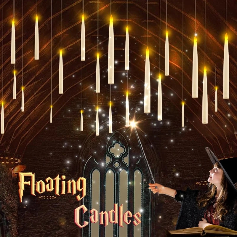 12-60PCS Floating Candles with Wand Magic Flameless Taper Candle Flickering Candlestick Hanging Halloween Decor/Wedding/Party