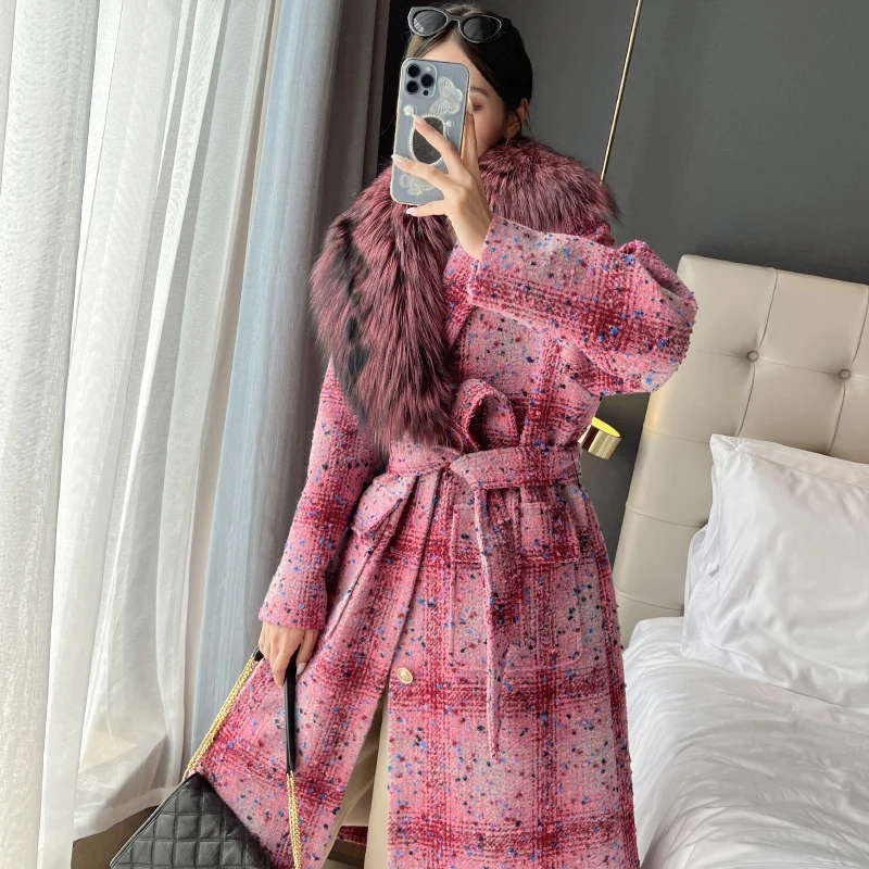 2024 New Women famous real raccoon Fur coats outerwear luxury real Woolen plaid jackets