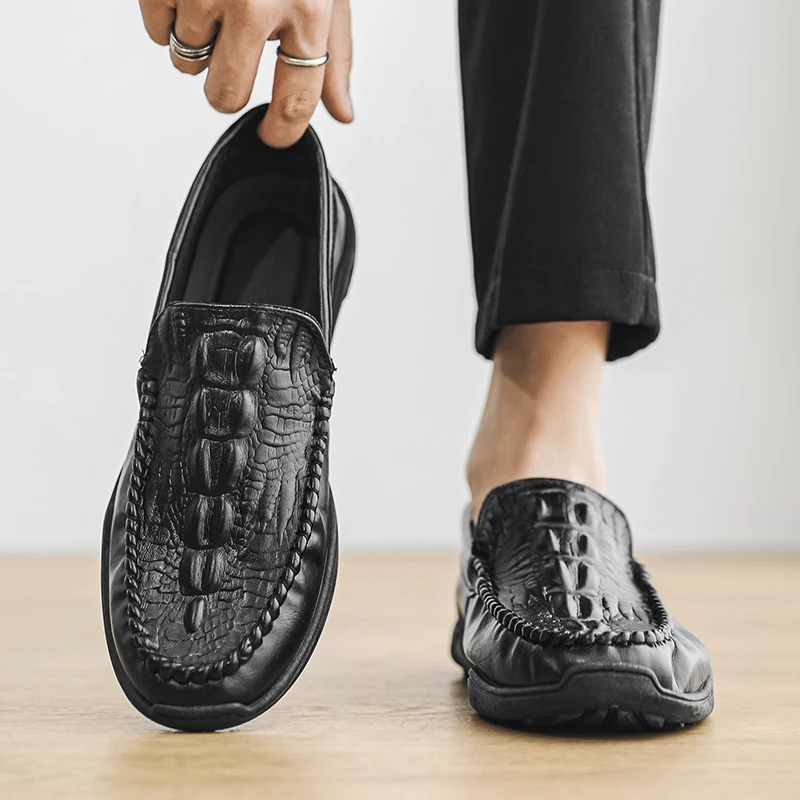 

Мужские лоферы без шнуровки из крокодиловой кожи, легкие дышащие туфли на плоской подошве в консервативном стиле, нескользящие повседневные модные повседневные уличные кроссовки