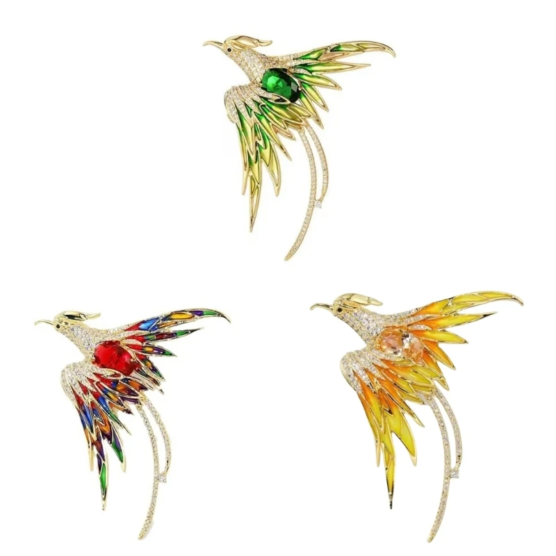 S1Y1 Enamel Phoenixes Brooch with Colorful Crystals Multicolored Phoenixes Brooch Pin Unisex Bird Badge Jewelry