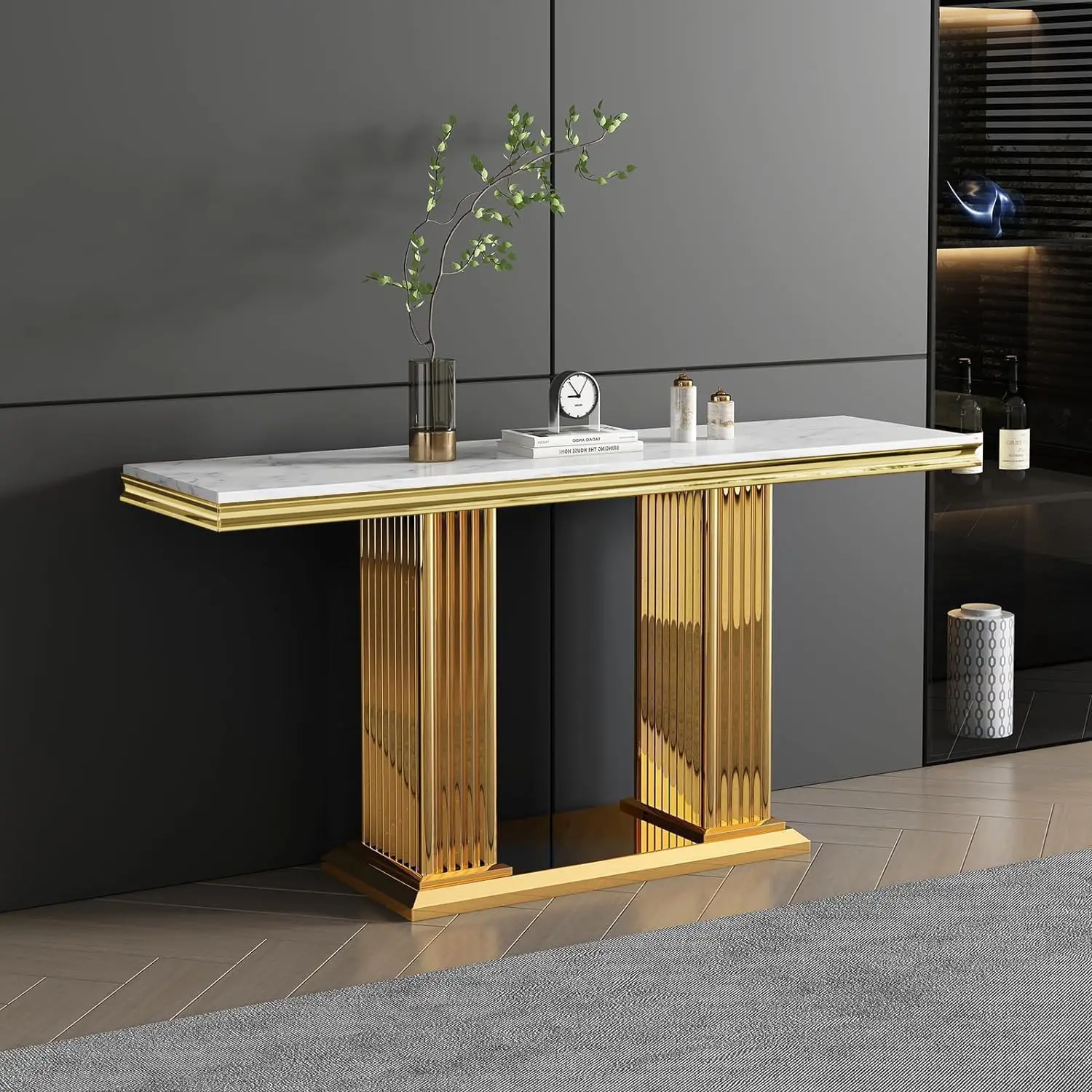 

Белый консольный стол из искусственного мрамора, 47 дюймов, узкий, для прихожей, современный, с золотой основой из нержавеющей стали, на заказ