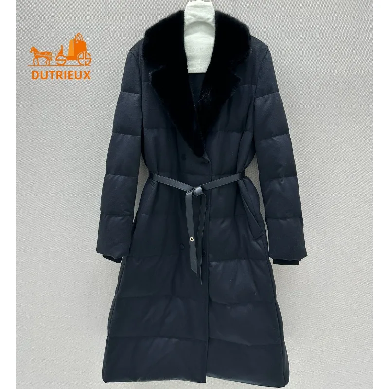 Novo inverno para baixo jaqueta para mulher luxuoso elegante lapela longa 15% caxemira 85% casaco de lã 90 branco ganso para baixo jaqueta gola de pele de vison