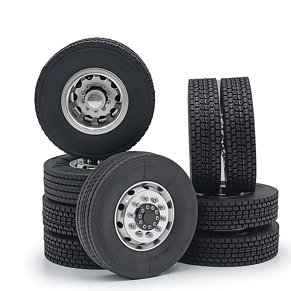 AXSPEED 1Set Front / Rear Metal Alloy Wheel Rims 25/22mm Rubber Tires for 1/14 Tamiya RC Trailer Tractor Truck Model Parts