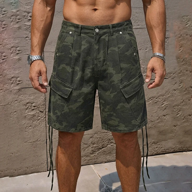 Summer Men's Camouflage Shorts Jeans Loose Retro Letter Pattern Design Multiple Pocket Drawstring Cargo Denim Five-Piece Shorts